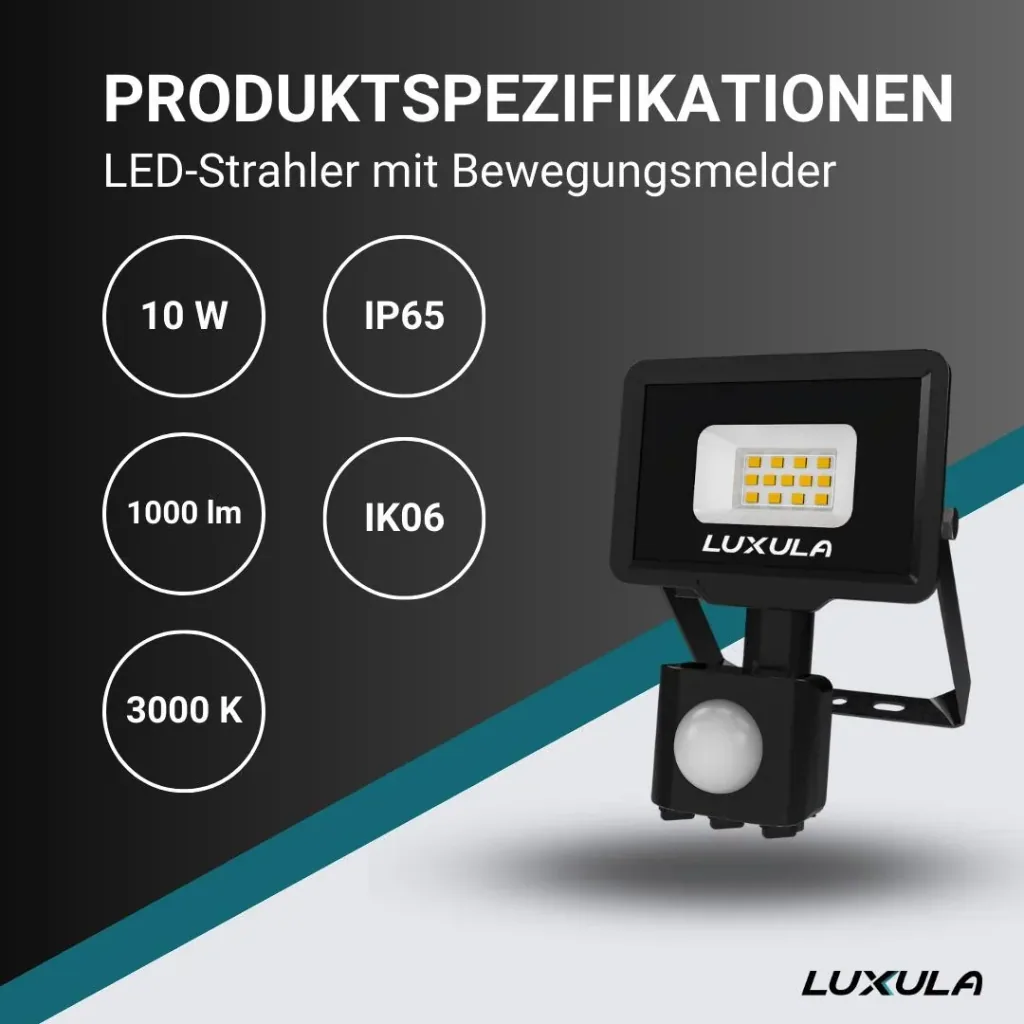 LED-Fluter in schwarz mit Bewegungsmelder bietet 10 W, 3000 K (warmweiß), 1000 lm & IP65 Schutz