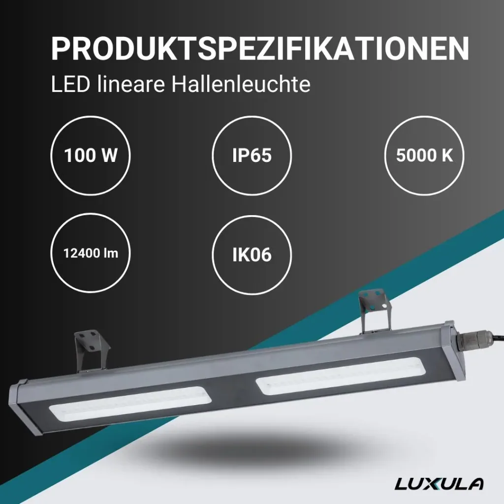 LED-HighBay in linearer Form bietet 100 W, 12400 lm, 5000 K (neutralweiß) und IP65 Schutz