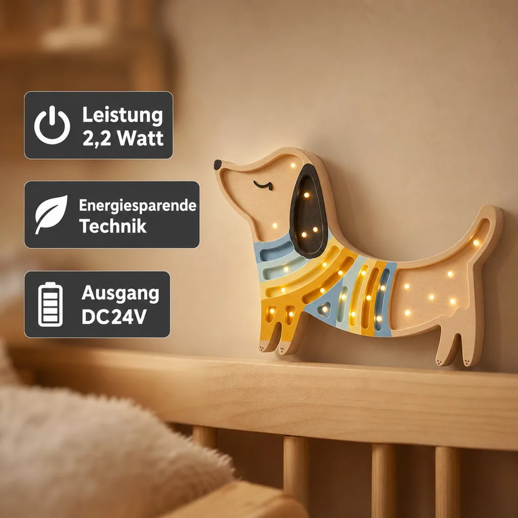 Little Lights Nachtlicht Kinder, Nachtlampe Welpe - 100% Kiefernholz natur, Farbe: Erdbeercreme