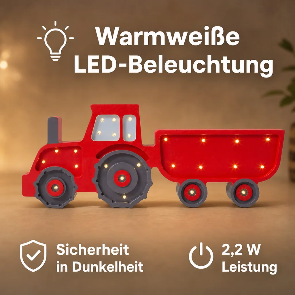 Little Lights Nachtlicht Kinder, Nachtlampe Traktor - 100% Kiefernholz natur, Farbe: rot
