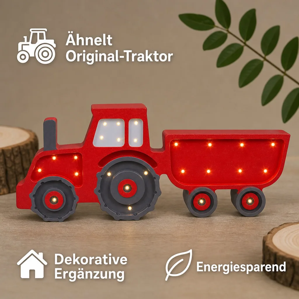 Little Lights Nachtlicht Kinder, Nachtlampe Traktor - 100% Kiefernholz natur, Farbe: rot