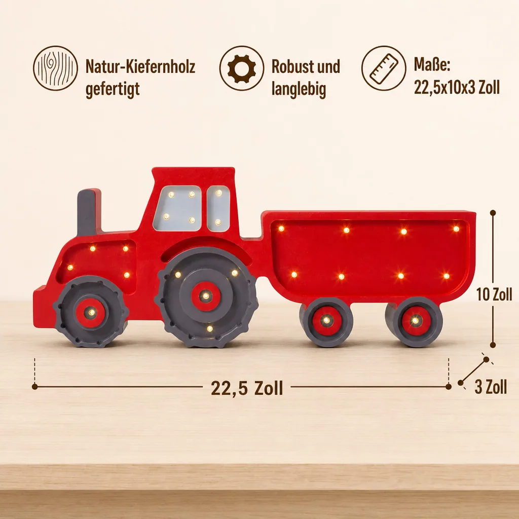 Little Lights Nachtlicht Kinder, Nachtlampe Traktor - 100% Kiefernholz natur, Farbe: rot