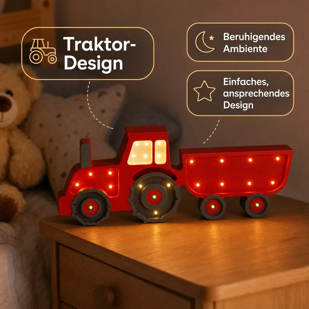 Little Lights Nachtlicht Kinder, Nachtlampe Traktor - 100% Kiefernholz natur, Farbe: rot