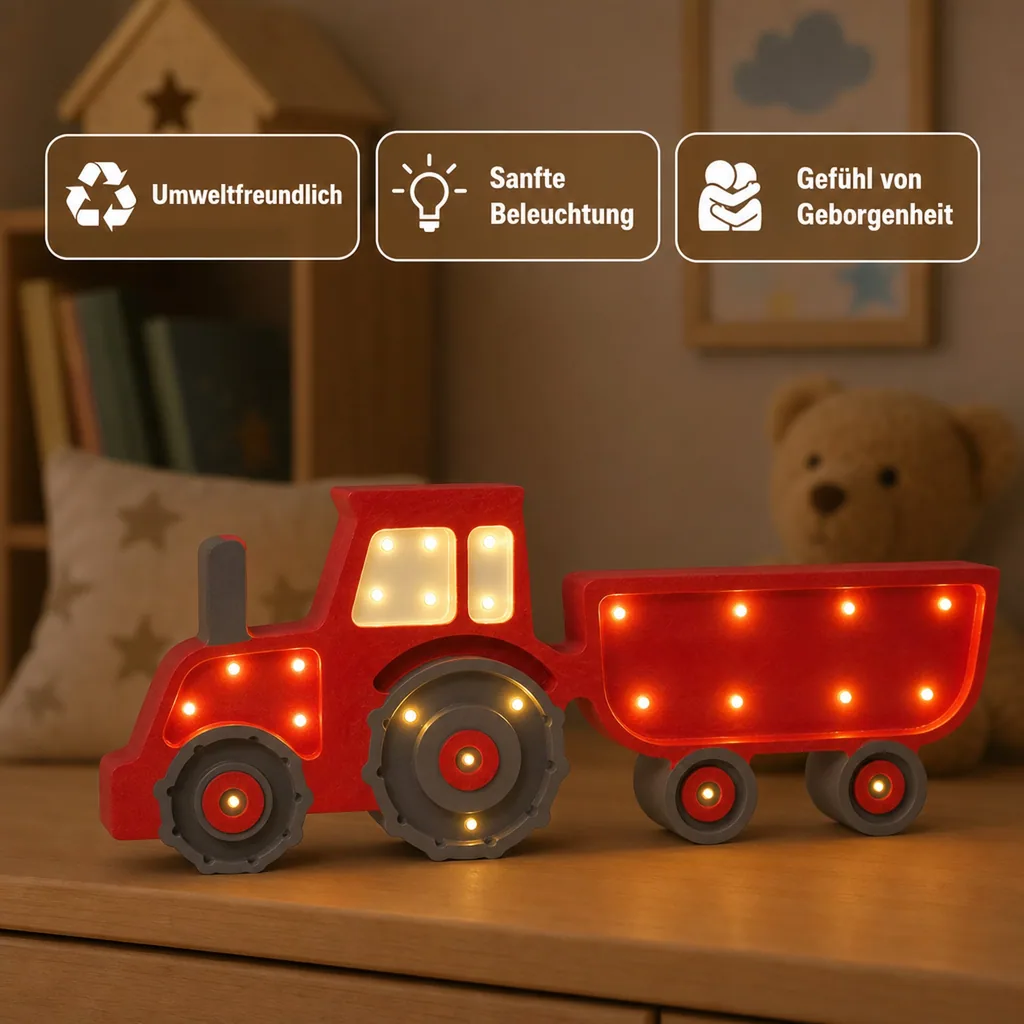 Little Lights Nachtlicht Kinder, Nachtlampe Traktor - 100% Kiefernholz natur, Farbe: rot