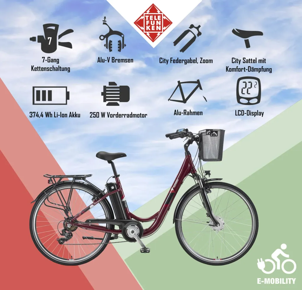Unisex Alu-City E-Bike, 28 Zoll, 7-Gang Kettenschaltung, weinrot, Multitalent RC822