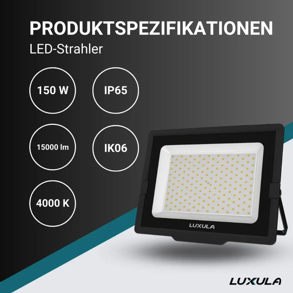 LED-Fluter in schwarz bietet 150 W, 4000 K (neutralweiß), 15000 lm & IP65 Schutz