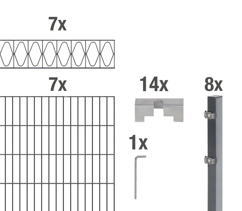Doppelstabmattenzaun Sets anthrazit mit Dekorelement "Eleganz", Länge: 14 m, Höhe: 140 cm
