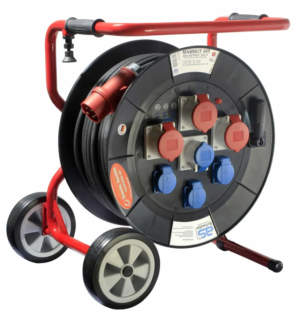 Profi-Trommel Mammut 460 Version 2, 40m, 3 Steckdosen 230V, 3+1-CEE Steckdosen, mit klappbarem Fußgestell