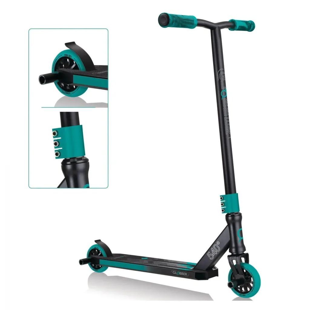 STUNTSCOOTER GS 540   Freestyle Kickroller, 100 mm, ABEC 7, verstärkter Lenker, 360°- Lenkung, schwarz-türkis