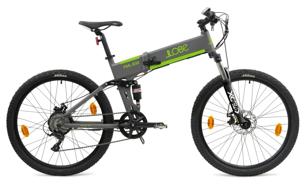 Unisex E-Mountain-Bike, 27,5 Zoll, Rahmenhöhe 48 cm, 9‐Gang Kettenschaltung, grau, faltbar - FML830, 10,4 Ah