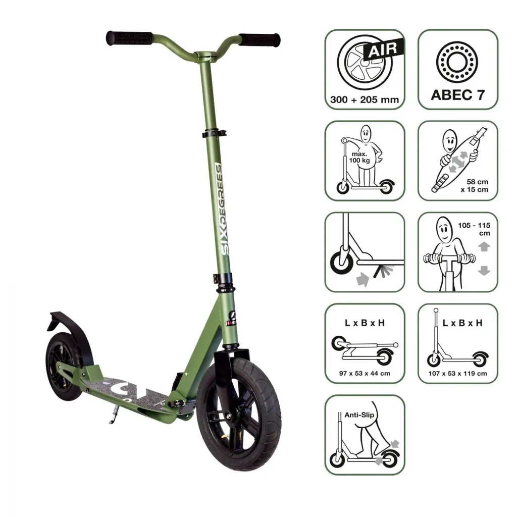 Aluminium Scooter mit Luftbereifung und Federung, 300/205 mm, ABEC 7, höhenverstellbar, olive-grün