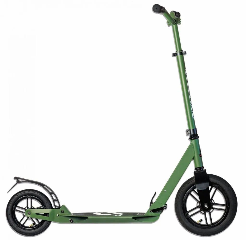 Aluminium Scooter mit Luftbereifung und Federung, 300/205 mm, ABEC 7, höhenverstellbar, olive-grün
