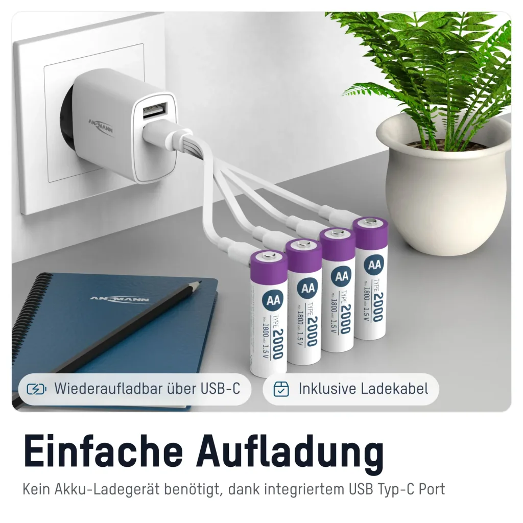Lithium Ionen Mignon (AA) Akkus USB-C - 4 Stück, Sicherheitsabschaltung
