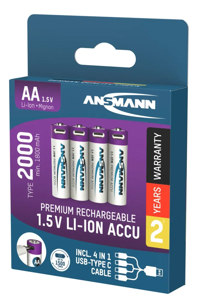 Lithium Ionen Mignon (AA) Akkus USB-C - 4 Stück, Sicherheitsabschaltung