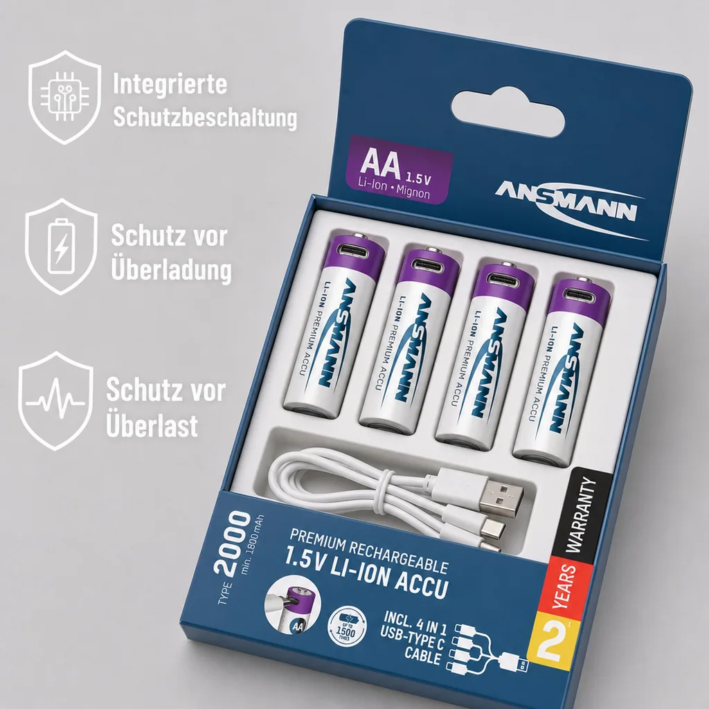 Lithium Ionen Mignon (AA) Akkus USB-C - 4 Stück, Sicherheitsabschaltung