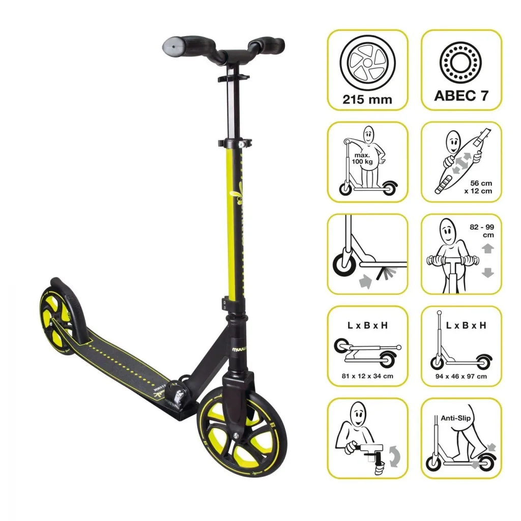 Aluminium Scooter Pro, Tretroller, 215 mm, ABEC 7, für Kinder und Erwachsene, höhenverstellbar, lime