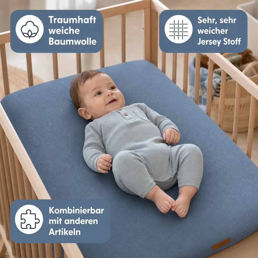 Little Dutch Bettlaken Babybett uni blau "Pure Blue", Größe: 60 x 120 cm