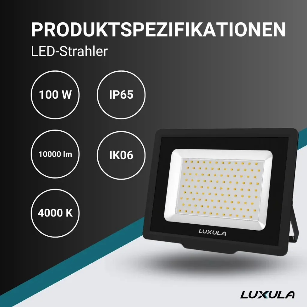 LED-Fluter in schwarz bietet 100 W, 4000 K (neutralweiß), 10000 lm & IP65 Schutz