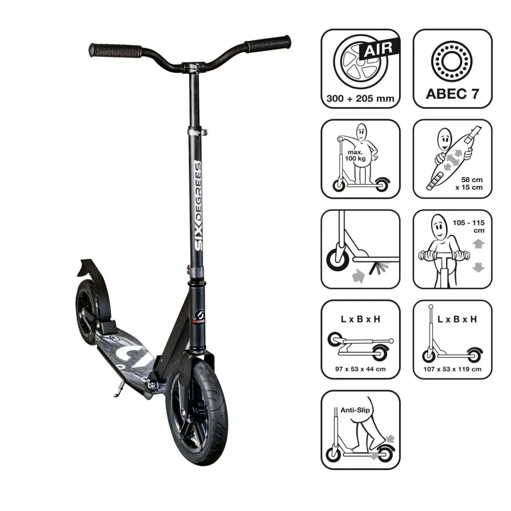 Aluminium Scooter mit Luftbereifung und Federung, 300/205 mm, ABEC 7, höhenverstellbar, schwarz