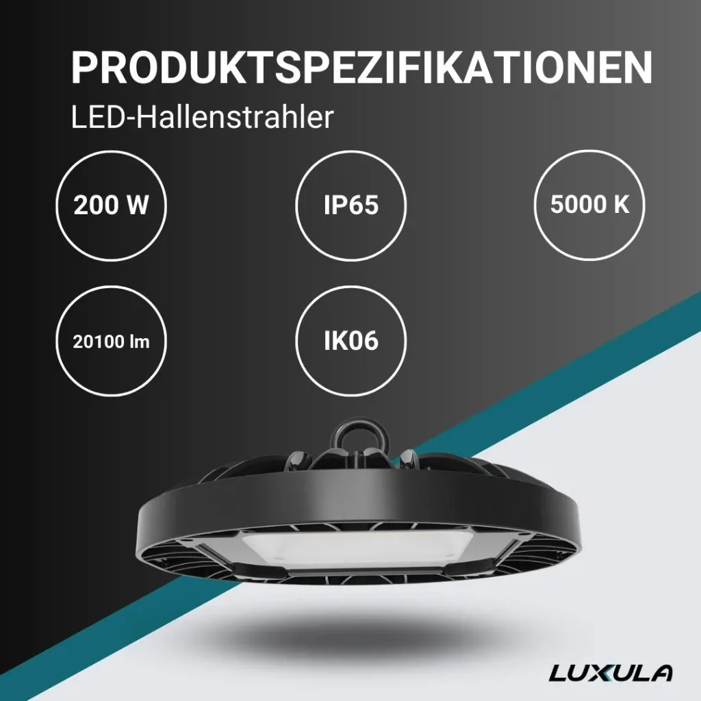 LED-HighBay in UFO-Form bietet 200 W, 20100 lm, 5000 K (neutralweiß) und IP65 Schutz.