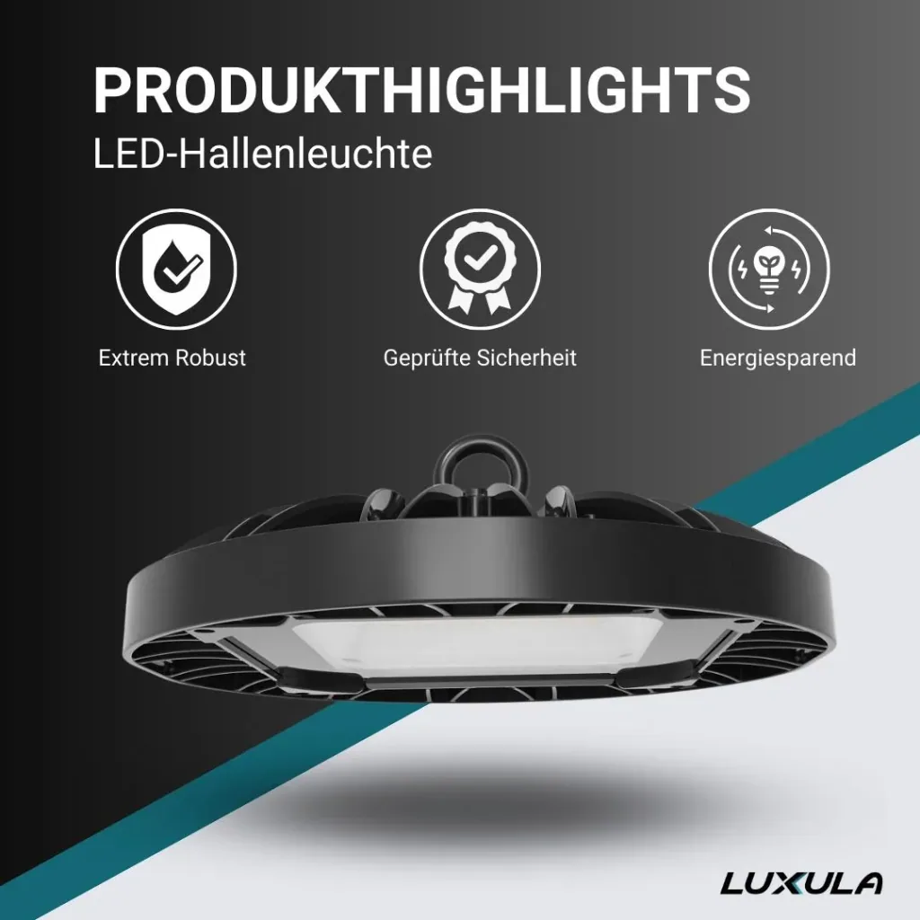 LED-HighBay in UFO-Form bietet 150 W, 14400 lm, 5000 K (neutralweiß) und IP65 Schutz.