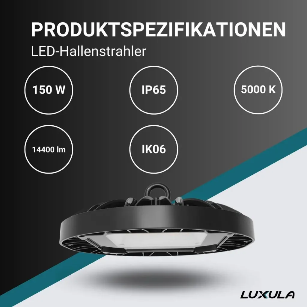 LED-HighBay in UFO-Form bietet 150 W, 14400 lm, 5000 K (neutralweiß) und IP65 Schutz.