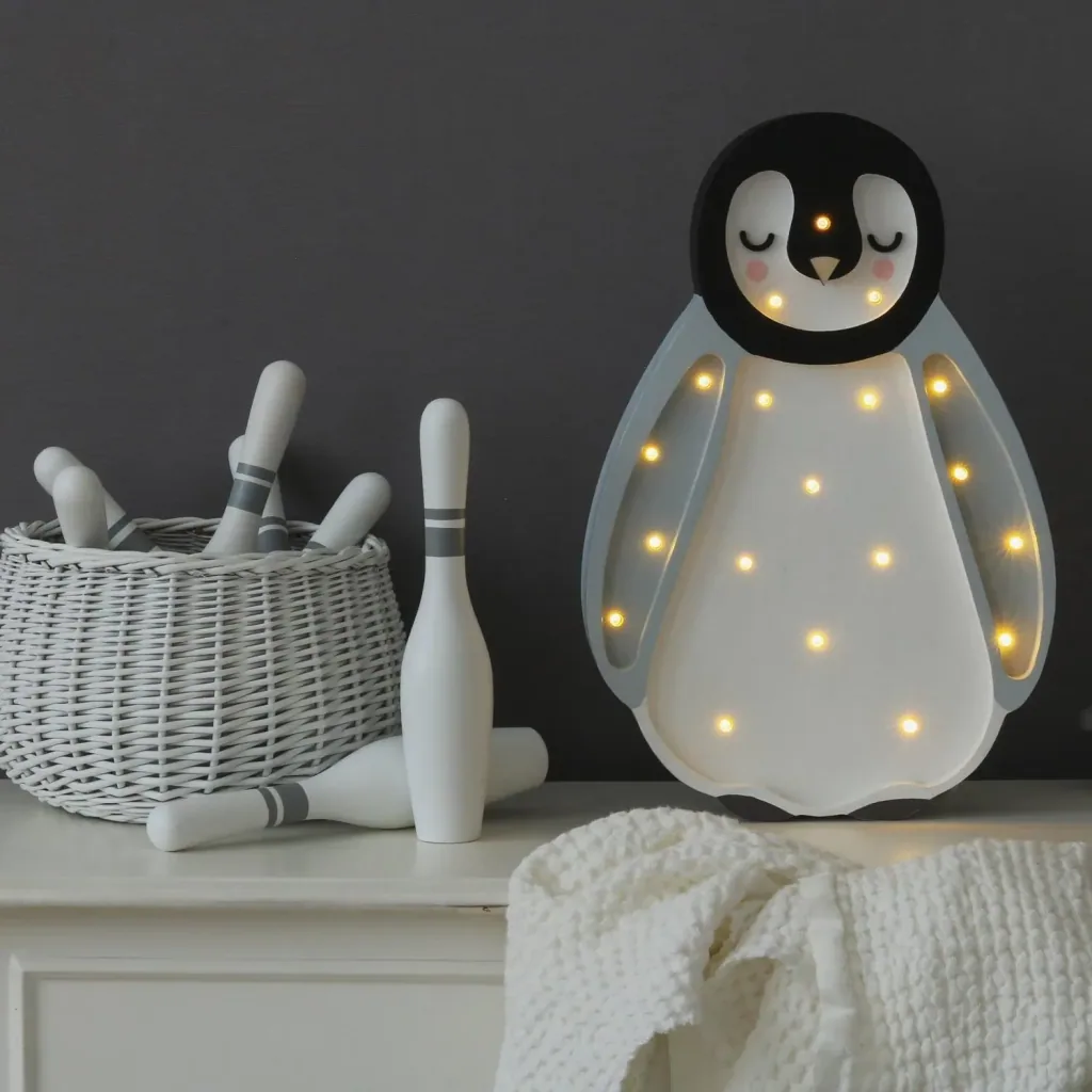 Little Lights Nachtlicht Kinder, Nachtlampe Pinguin - 100% Kiefernholz natur, Farbe: hellgrau