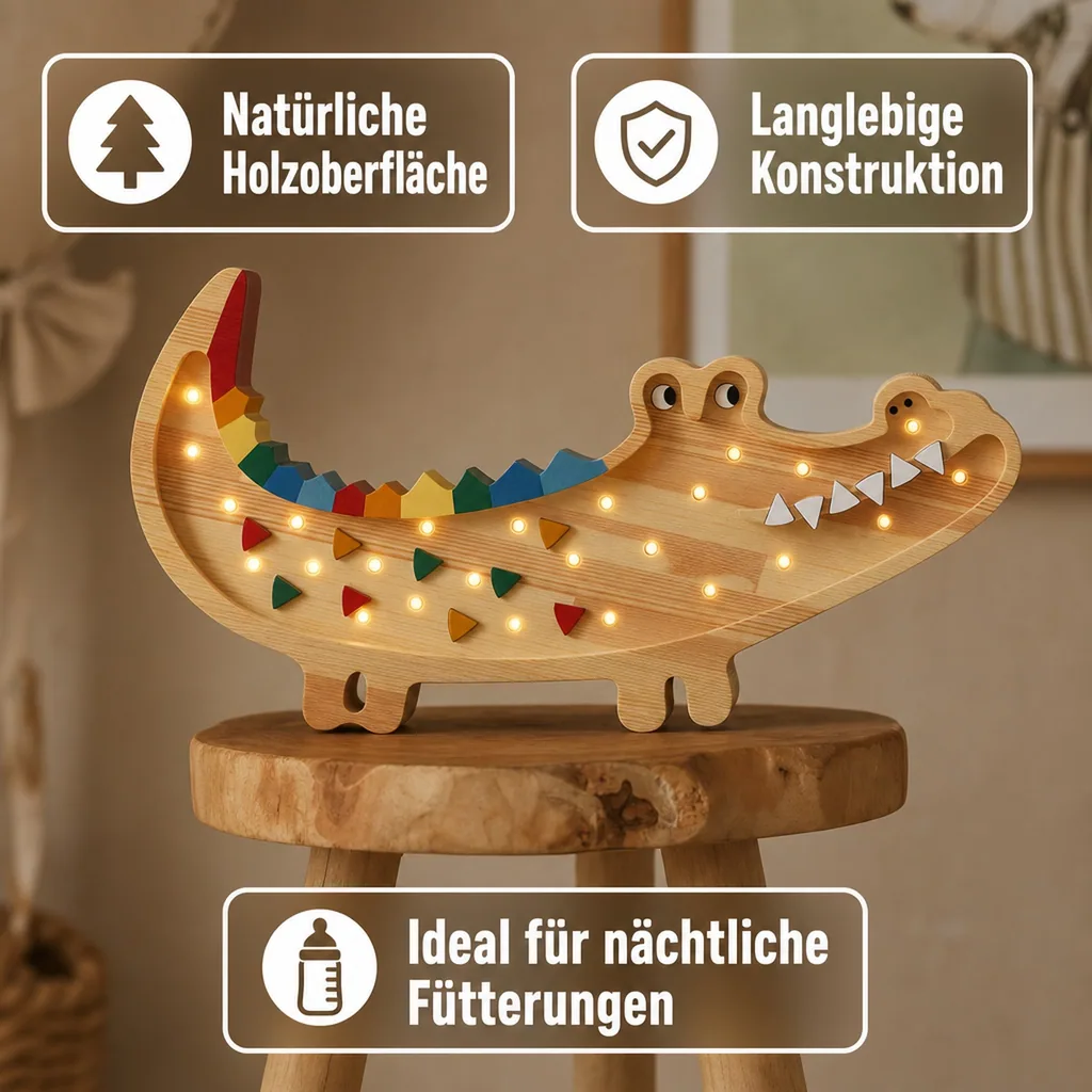 Little Lights Nachtlicht Kinder, Nachtlampe Krokodil - 100% Kiefernholz natur, Farbe: Karibisches Holz