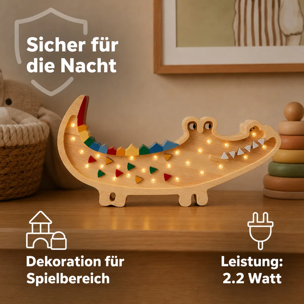 Little Lights Nachtlicht Kinder, Nachtlampe Krokodil - 100% Kiefernholz natur, Farbe: Karibisches Holz