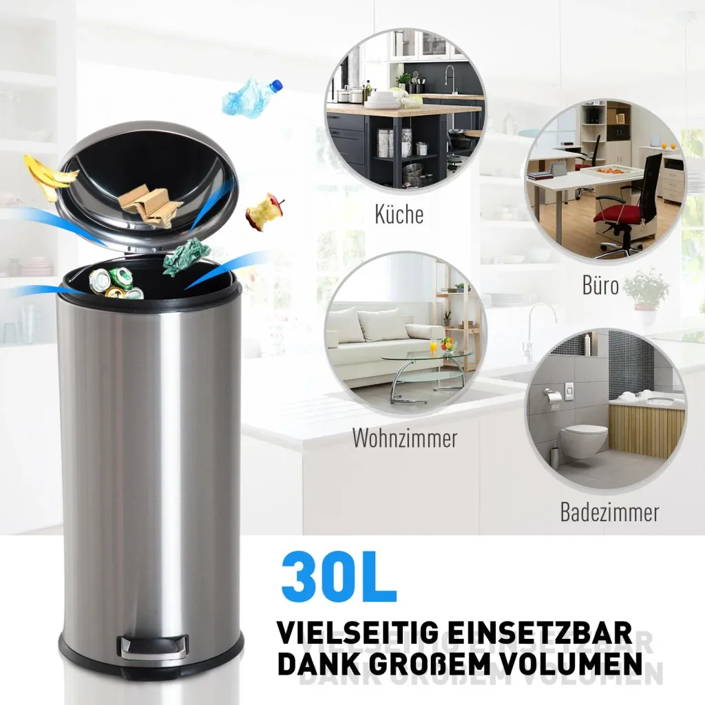 Treteimer mit Inneneimer Pedal-Mülleimer Klappdeckel Abfallsammler Edelstahl Silber 30L