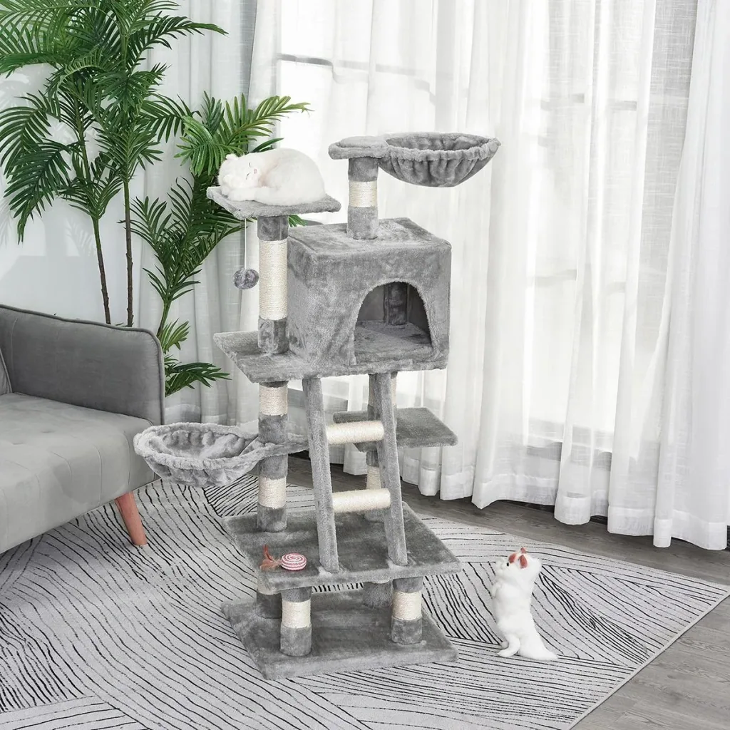 Kratzbaum mit Katzenhöhle Hängematte Mehrstufiger Katzenbaum Kletterbaum für Katzen E1 Spanplatte Sisal Grau 80 x 55 x 1
