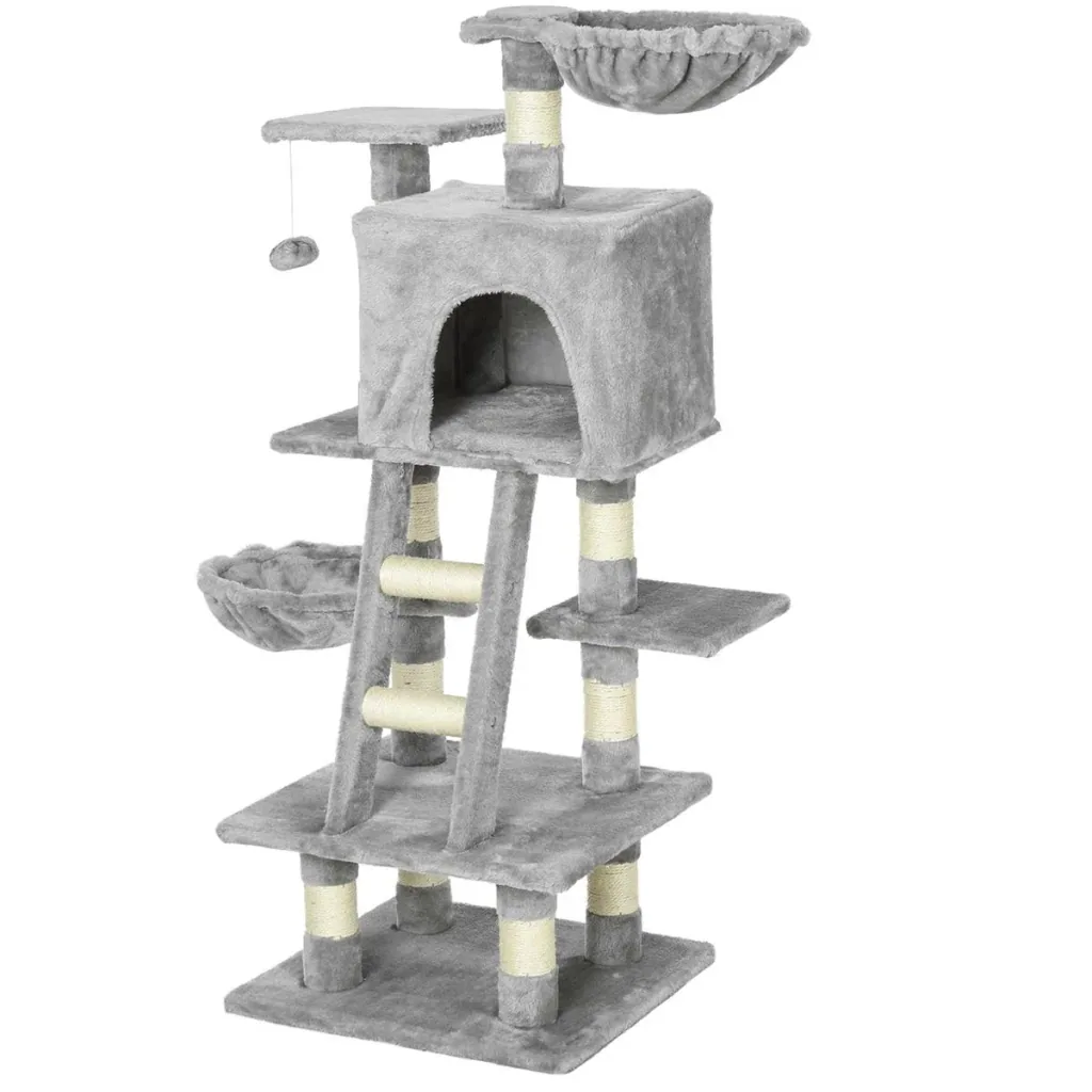 Kratzbaum mit Katzenhöhle Hängematte Mehrstufiger Katzenbaum Kletterbaum für Katzen E1 Spanplatte Sisal Grau 80 x 55 x 1
