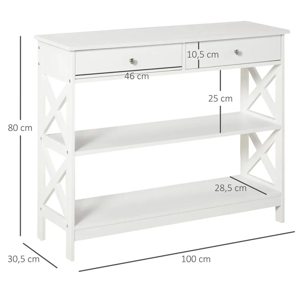 Konsolentisch Beistelltisch mit Schublade und 2-stufigen Ablagefächern Weiß 100 x 30,5 x 80 cm