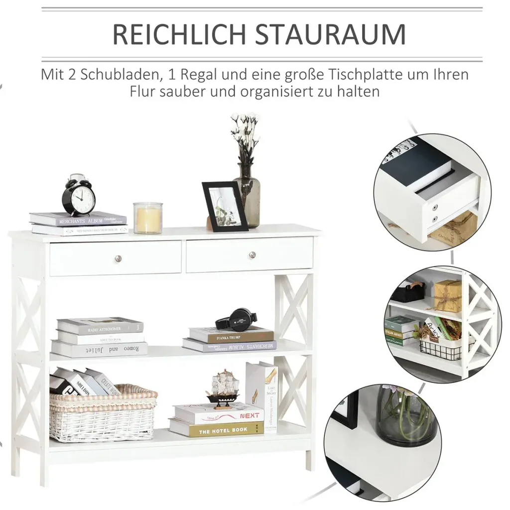 Konsolentisch Beistelltisch mit Schublade und 2-stufigen Ablagefächern Weiß 100 x 30,5 x 80 cm