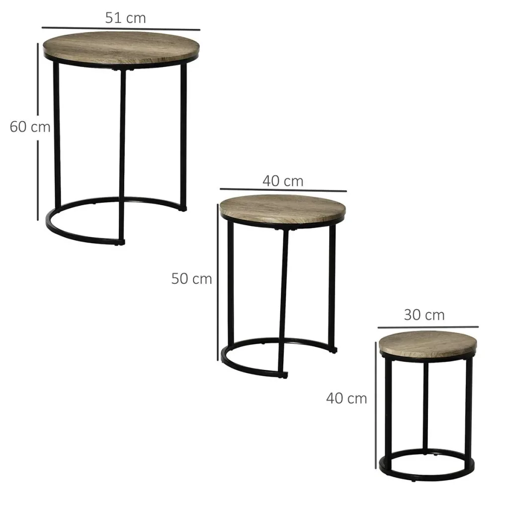 Beistelltische 3er-Set Satztisch stapelbar Kaffeetisch 3 Größen Industrial Design Metall Schwarz+Braun