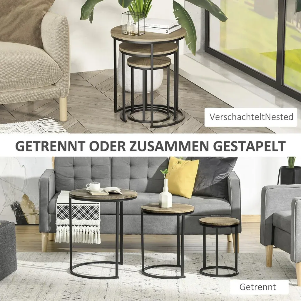 Beistelltische 3er-Set Satztisch stapelbar Kaffeetisch 3 Größen Industrial Design Metall Schwarz+Braun