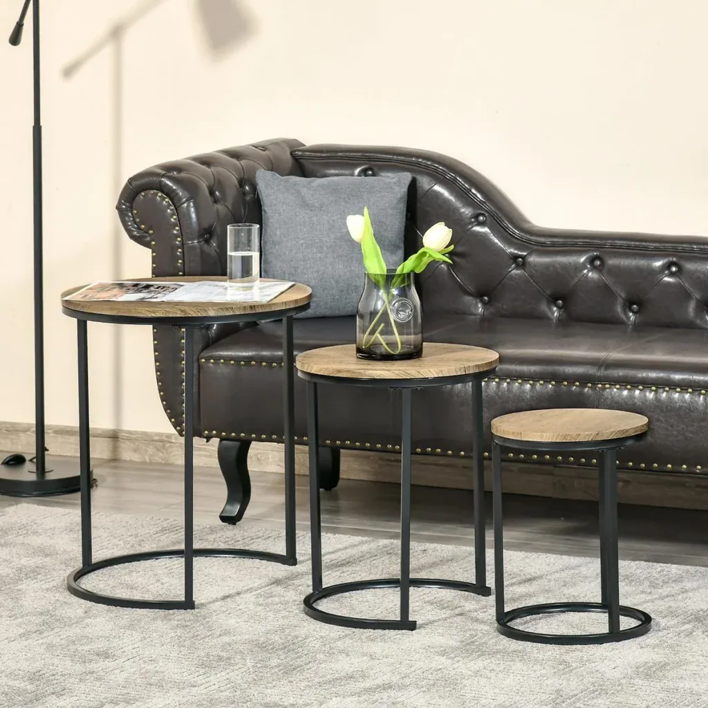 Beistelltische 3er-Set Satztisch stapelbar Kaffeetisch 3 Größen Industrial Design Metall Schwarz+Braun