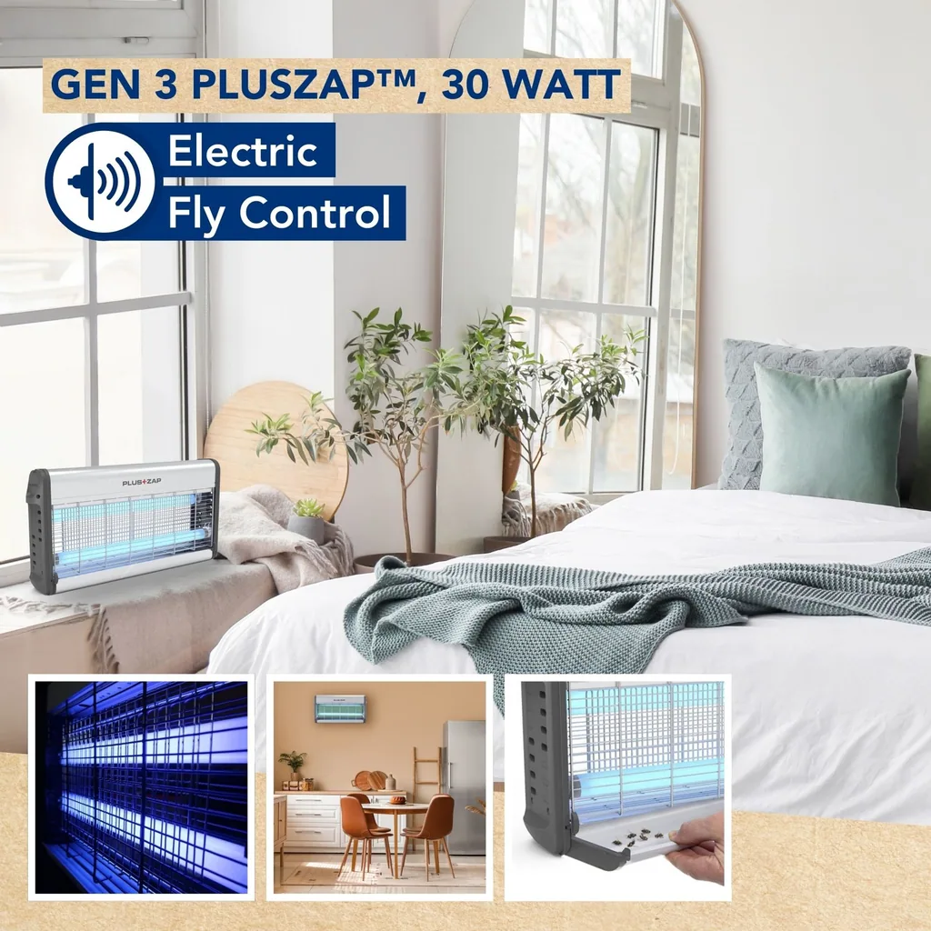 Gen 3 PlusZap LED UV Insektenvernichter für den Innenbereich, elektrischer Fliegenfänger mit 3000V Hochspannungsgitter, UV Fliegenvernichter mit herausnehmbarer Schale, für große Innenbereiche bis zu 80 m²