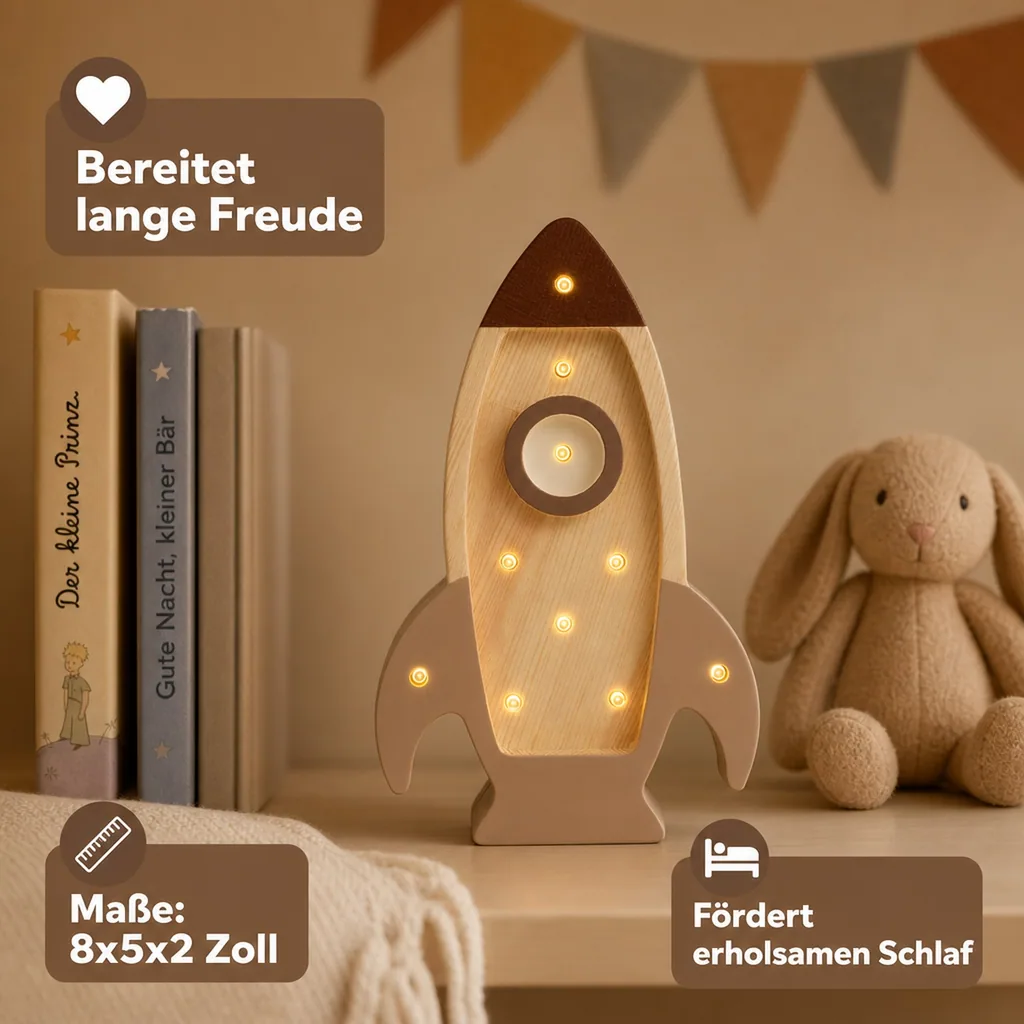 Little Lights Nachtlicht Kinder, Nachtlampe Mini-Raketenschiff - 100% Kiefernholz natur, Farbe: Cappuccino