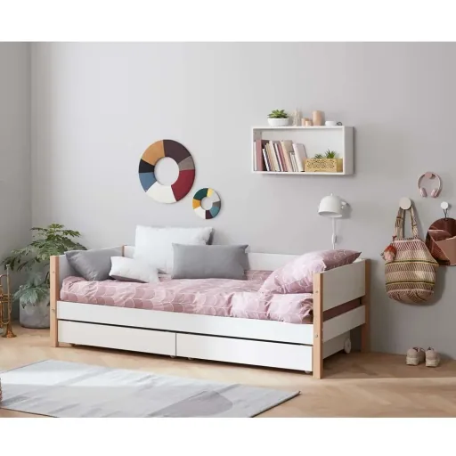 Flexa Nor Sofabett incl. 2 Schubladen weiß / Eiche
