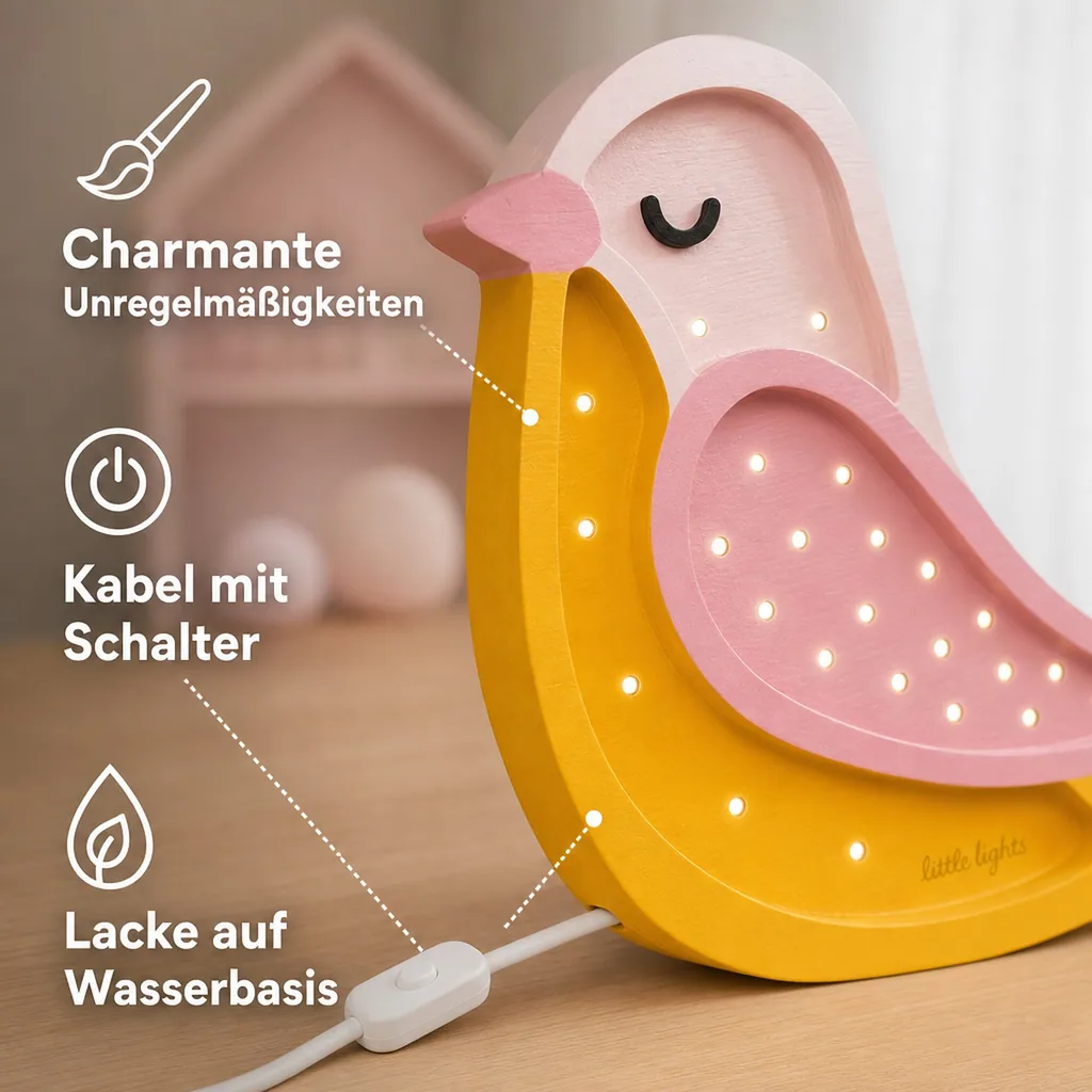 little lights Led Deko Kinderlampe Vogel honig rosa