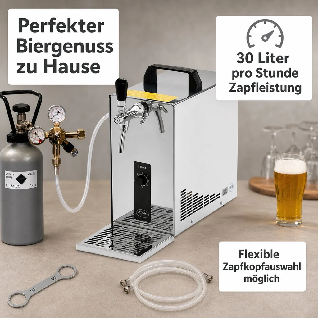 Komplett Set - Zapfanlage, Bierzapfanlage, Bierkoffer, Durchlaufkühler PYGMY 25 LE, 1-leitig Trockenkühler, 30 Liter/h, Green Line
