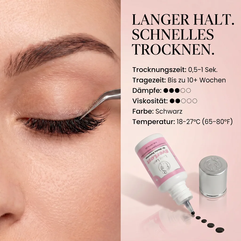 Extra starker Wimpernverlängerungs-Kleber Liore Lash – 0,5–1 Sek. Schnelltrocknend Lash-Kleber, Bis zu 10 Wochen Haltbarkeit, Schwarzer Profi-Kleber für Classic & Volume Wimpern, 5 ml