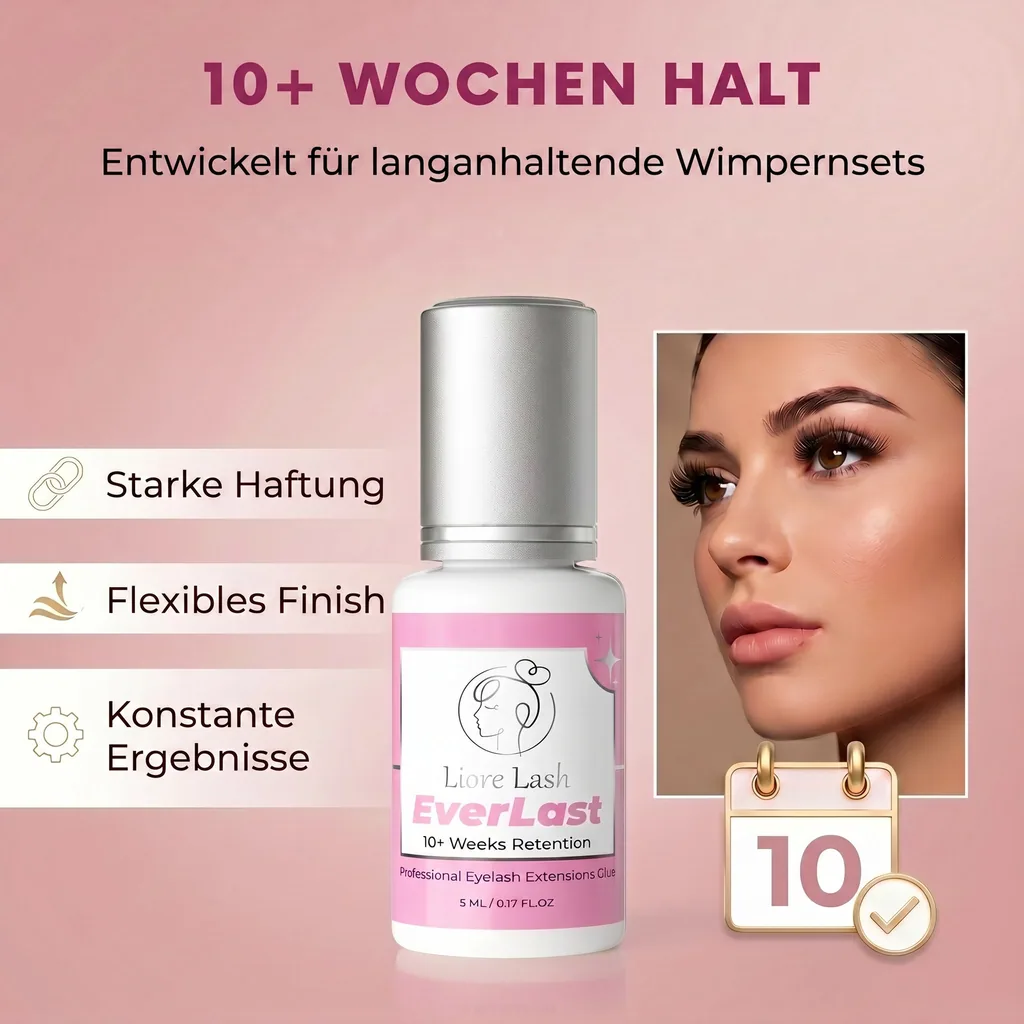Extra starker Wimpernverlängerungs-Kleber Liore Lash – 0,5–1 Sek. Schnelltrocknend Lash-Kleber, Bis zu 10 Wochen Haltbarkeit, Schwarzer Profi-Kleber für Classic & Volume Wimpern, 5 ml