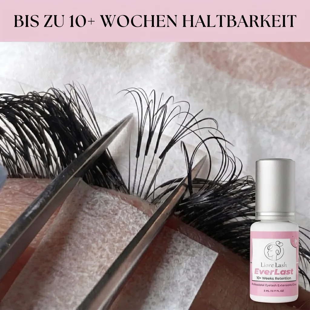Extra starker Wimpernverlängerungs-Kleber Liore Lash – 0,5–1 Sek. Schnelltrocknend Lash-Kleber, Bis zu 10 Wochen Haltbarkeit, Schwarzer Profi-Kleber für Classic & Volume Wimpern, 5 ml