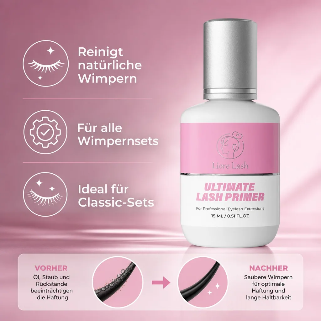 Wimpernverlängerungs-Primer – Liore Lash Profi-Wimpern-Vorbereitung, Bis zu 35 % längere Haltbarkeit, Entfernt Öle & Rückstände, Vorbehandlung für Wimpernverlängerungen, 15 ml