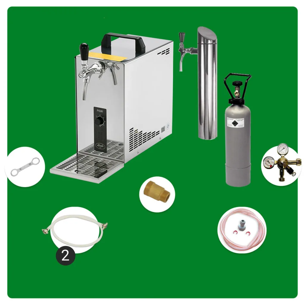 Untertheken Komplett Set - Zapfanlage, Bierzapfanlage, Bierkoffer, Durchlaufkühler PYGMY 25 1-leitig Trockenkühler, 35 Liter/h, inkl. Schanksäule, Green Line, Zapfkopf: ohne