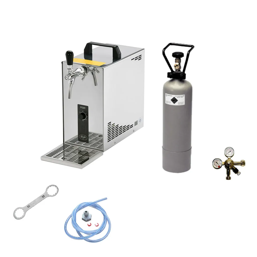 Komplett Set - Zapfanlage, Bierzapfanlage, Bierkoffer, Durchlaufkühler PYGMY 25 1-leitig Trockenkühler, 35 Liter/h, Zapfkopf: ohne