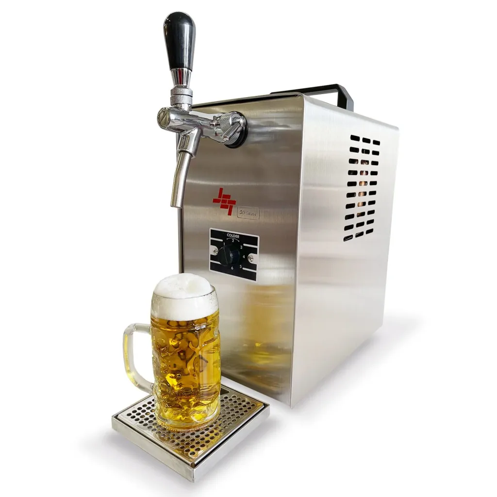 Komplett Set - Zapfanlage JET 30 Bierkoffer, Bierzapfanlage, Durchlaufkühler 1-leitig Trockenkühler, bis zu 35 Liter/h, mit Luftkompressor, Zapfkopf: ohne