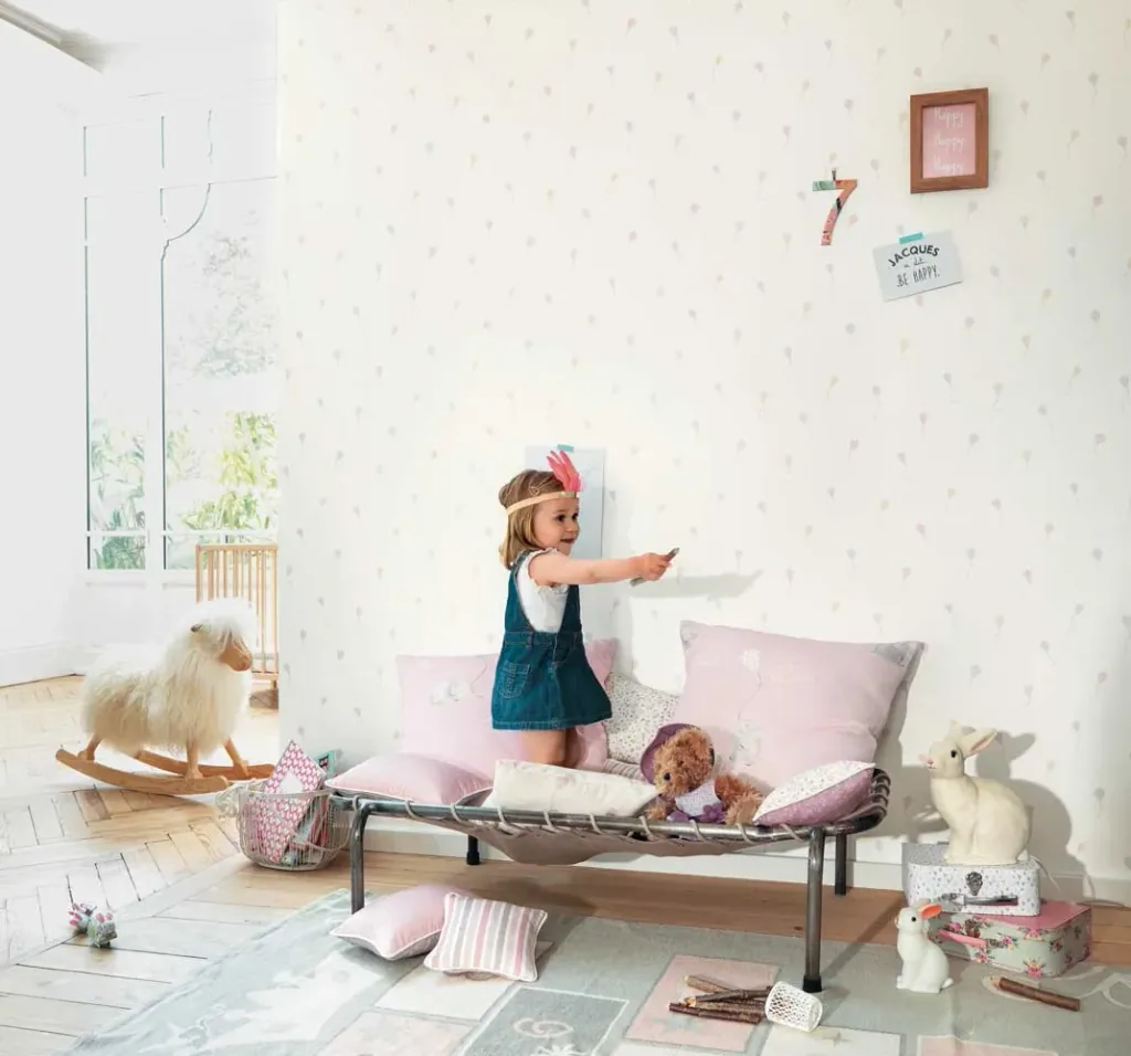 Casadeco My Little World Stoff Papierdrachen grau rosa